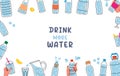 Water bottle sketches in horizontal banner. Plastic bottles line background. Drink more water. Glasses, bottles, jug Royalty Free Stock Photo
