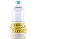 Water bottle surrounded by yellow tapeline or measurement tape on white