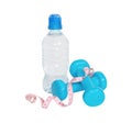 Water bottle, two blue dumbbells and measuring tape on white background. Isolate Royalty Free Stock Photo