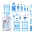 Water bottle vector water drink liquid aqua bottled in plastic container illustration set of bottling water cooler