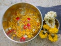 Water in bowl mixed with perfume and flowers, Songkran festival in Thailand, Thai traditional jasmine garland Royalty Free Stock Photo