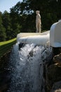Water breaks down from the lower cascade of the Chess Mountain fountain, close-up. Peterhof Royalty Free Stock Photo