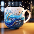 Photorealistic Marine Painter Cup With Blue Swirls And Gold Accents