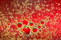 Water bubbles on red background. Scientific image of cell membrane. Macro up of liquid substances. Abstract molecule atom Royalty Free Stock Photo