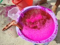 Water bucket full of colorful pink essence. Celebrating the festival of colors- Holi with a plastic container. Royalty Free Stock Photo