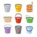 Water buckets set. Metal pail, empty and full plastic garden bucket isolated vector illustration icons Royalty Free Stock Photo