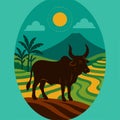 Water Buffalo Rice Terraces Oval Flat Vector Illustration Royalty Free Stock Photo