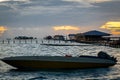 Water bungalows and chalets during sunset in Semporna, Sabah Royalty Free Stock Photo