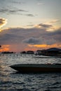Water bungalows and chalets during sunset in Semporna, Sabah Royalty Free Stock Photo