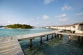 Water bungalows in hotel on Maldives. Villas on Indian ocean at luxury spa resort. Royalty Free Stock Photo