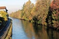 Water Canal channel and reflections of trees and buildings in Robbecoo sul Naviglio, Italy