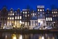 Water of canal in front of traditional Dutch houses in Amsterdam, Netherlands, March 23, 2019