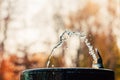 Water pouring from drinking fountain autumn background.