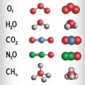 Water, carbon dioxide, methane, nitrous oxide, ozone molecule. Greenhouse gases. Chemical formula and molecule model