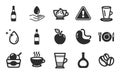 Water care, Cashew nut and Apple icons set. Food, Ice cream and Brandy bottle signs. Vector