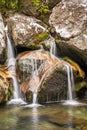 Water cascades on a mountain.