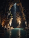 Water cascades over ancient stalactites in dark cave, dark, shadow Royalty Free Stock Photo