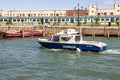 Water channels of Venice city. Police boat patrol the water canals in Venice, Italy Royalty Free Stock Photo