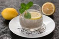 Water with chia seeds and lemon on a black background. A useful drink for weight loss. Royalty Free Stock Photo