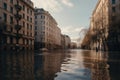 Water on a city street, pipe break or flood. Generative AI