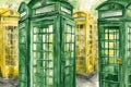 water color Cute isometric of a classic london phone booth. the image mixes historic british elegance with functional style,