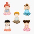 Water color diverse meditating children yoga. cartoon set illustration vector