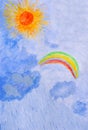 Water color drawing by hand. Sun, rain, rainbow.