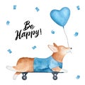 Cute little Welsh Corgi puppy, dressed in blue t-shirt, and positive phrase in English language: `Be Happy`.