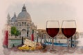 Water color effect of two glasses of red wine with charcuterie assortment on gondolas and Santa Maria della Salute