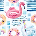 Water color flamingo, unicorn pool float, ring donut lilo floating in blue swimming pool