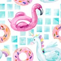 Water color flamingo, unicorn pool float, ring donut lilo floating in blue swimming pool