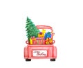 Water color hand painting illustration of back view red retro pick up truck carrying colorful presents gift boxes Royalty Free Stock Photo