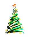 Water color hand painting illustration of Christmas tree decorated with yellow lighting and star on white background, abstract Royalty Free Stock Photo