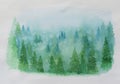 Water color hand painting illustration, view of greenery pine trees on mountain with snow, Christmas tree in winter season drawing Royalty Free Stock Photo