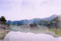 Water color of Hoob Khao Wong Reservoir, Danchang, Suphanburi, Thailand, Beautiful mountain water surface reflection.