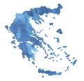 Water color illustration of blank Greece Silhouette in blue colour with artistic brush strokes.