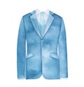 Water color illustration of blue stylish jacket with traditional button, pockets, white shirt and light blue necktie. Royalty Free Stock Photo