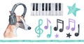 Water color illustration collection of cute dog wearing headphones, musical notes, treble clef, stars and border line.