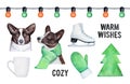 Water color illustration collection of winter symbols with cheerful Welsh Corgi puppy, soft mittens, fir tree shape.