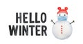 Water color illustration of `Hello Winter` phrase with cute snowman character wearing protective medical face mask. Royalty Free Stock Photo