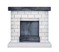 Water color illustration of light grey brick fireplace without fire.