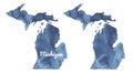 Water color illustration of navy blue Michigan State Map set: blank one and with state name lettering.