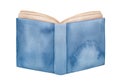 Water color illustration of opened book with blank blue cover and pages with light brown paper.