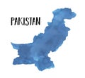 Water color illustration of Pakistan Map Silhouette in blue color with artistic brush strokes.