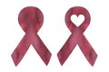 Water color illustration set of two burgundy ribbons with artistic brush strokes: blank shape and with love heart inside. Royalty Free Stock Photo