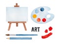 Water color illustration set of various drawing symbols: paint palette, easel, brush, pencil, brushstrokes. Royalty Free Stock Photo