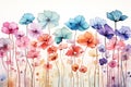 Water color and ink sketch of floral pattern, colorful flowers, simplistic, white vignette, white background.