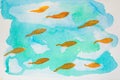 Water color many orange Koi carps swimming. Art brush fishes creative wallpaper Royalty Free Stock Photo