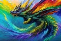 Water color or oil painting fine art illustration of abstract colorful flying dragon print digital art