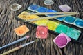 Water color paint box and paint brush Royalty Free Stock Photo